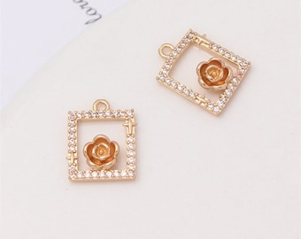 6pcs Shiny CZ Pave Flower Charm, Zircon Crystal Rhinestone Rose Flower Jewelry Pendant Charm Wholesale