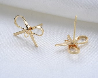 10pcs Real Gold Plated Bowknot Earring Stud,Bow Earrings Posts with Loop,Brass Bowknot Stud,Earring Finding Wholesale