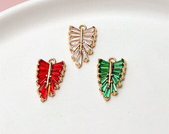 10pcs Bling CZ Pave Zircon Leaf Pendant Charm,Clear Cubic Zirconia Crystal Leaf Pendant,Gold Plated Brass Leaf Jewelry Finding Wholesale