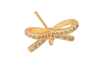 10pcs Real Gold Plated Bowknot Earring Stud,Crystal Bow Earrings Posts with Loop,Brass Bowknot Earring Finding Wholesale Nickel Lead Free