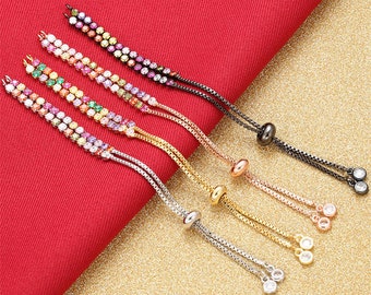 5pcs Brass Box Chain,Sliding Adjustable Bracelet Chain,Multicolor Zircon Chain,Rubber Stopper Bead,Connector Link Finding
