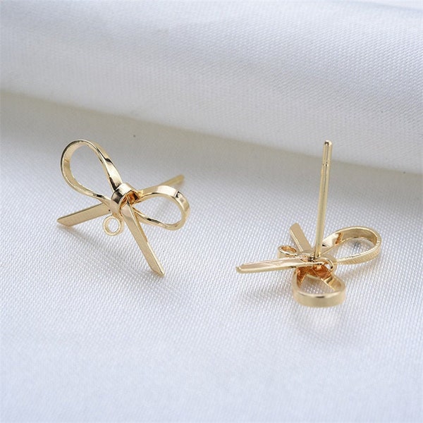 10pcs Real Gold Plated Bowknot Earring Stud,Bow Earrings Posts with Loop,Brass Bowknot Stud,Earring Finding Wholesale