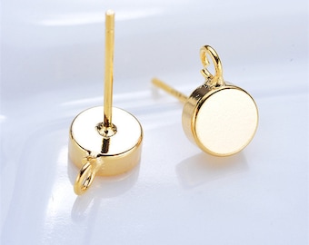 10pcs Real Gold Plated Brass Round Earring Stud,Polished Gold Geometric Earrings Posts with Loop,Earring Jewelry Finding Wholesale