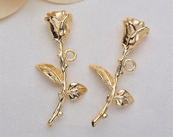 10pcs 24K Real Gold Plated Rose Flower Pendant Charm,Gold Flower Pendant,Brass Rose Flower Necklace Pendant Charm Wholesale