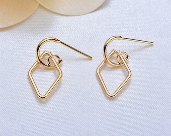 Bulk 10pcs Real Gold Plated Brass Rhombus Geometric Earring Post,Brass Ear Wires,Brass Earring Attachment Jewelry Finding Wholesale