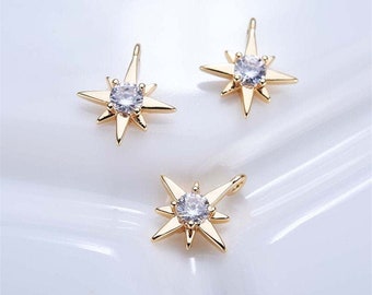 High-quality 10pcs Shiny Clear Zircon Earring Pendant Charm,24K Real Gold Plated Brass Star Pendant Charm Wholesale