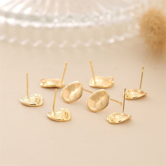 10pcs Real Gold Plated Brass Earring Stud,Hammered Gold Earring Post with Loop,Brass Earring Attachment Finding Wholesale,Nickel Lead Free
