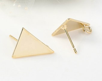 10pcs Real Gold Plated Triangle Shape Ear Stud,Ear Posts Stud with Loop,Gold Plated Brass Earring Stud Attachment Finding Wholesale