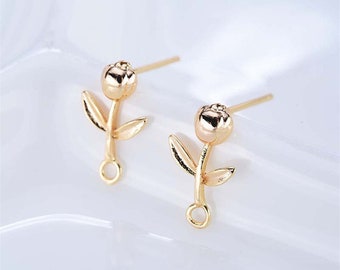 20pcs 24K Real Gold Plated Flower Earring Stud,Leaf Brass Earrings Posts with Loop,Diy Earring Attachment Jewelry Finding Wholesale