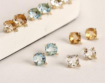 6pcs Zircon Earring Stud, Square Shape Crystal Stud with Loop,CZ Stud,14K Gold Plated Brass Earring Jewelry Finding Wholesale 10*11mm