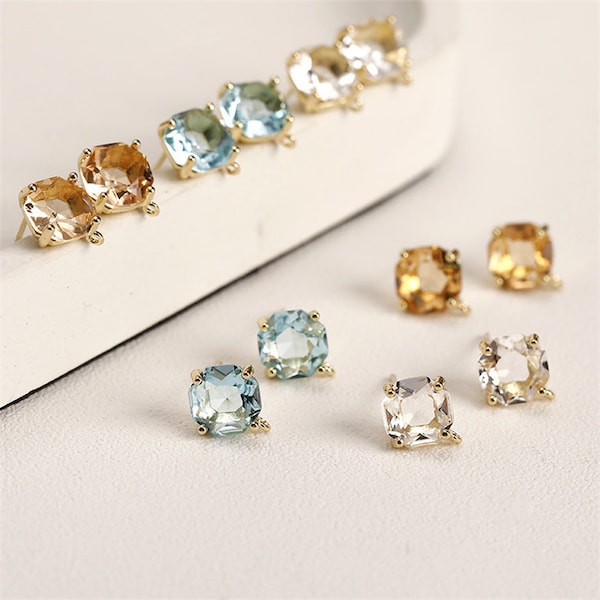 6pcs Zircon Earring Stud, Square Shape Crystal Stud with Loop,CZ Stud,14K Gold Plated Brass Earring Jewelry Finding Wholesale 10*11mm