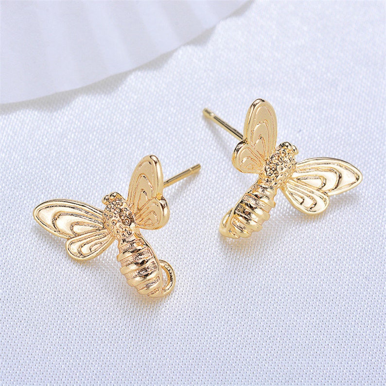 20pcs Real Gold Plated Bee Earring Stud,Animal Earrings Posts with Loop,Diy Brass Earring Attachment Jewelry Finding Wholesale