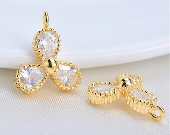 20pcs 24K chapado en oro flor colgante encanto, pavé CZ cristal flor colgante, mini CZ pavé latón colgante para collar pendiente fabricación de joyas