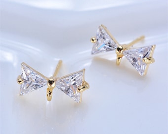 10pcs Zircon Crystal Bowknot Earring Stud,CZ Pave Bow Ear Posts with Loop,Real Gold Plated Brass Earring Attachment Finding Wholesale