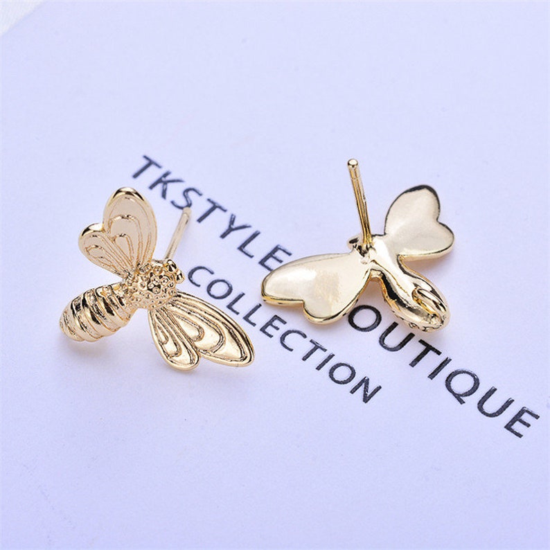20pcs Real Gold Plated Bee Earring Stud,Animal Earrings Posts with Loop,Diy Brass Earring Attachment Jewelry Finding Wholesale