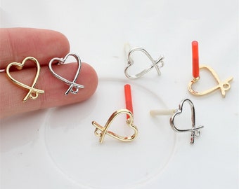10pcs Heart Ear Stud,Gold Ear Post with Loop,Platinum Gold Earring Post,Earring Attachment Finding Wholesale