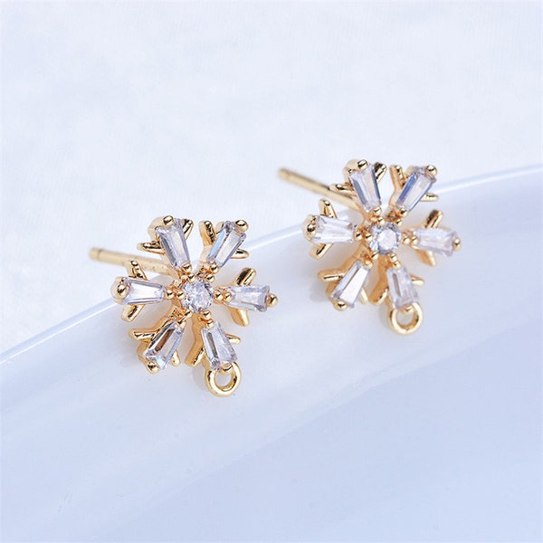 10pcs Zircon Snowflake Earring Stud,CZ Crystal Earrings Posts with Loop,Real Gold Plated Brass Earring Attachment Jewelry Finding Wholesale