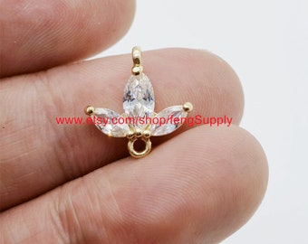 5pcs Bling CZ Pave Zircon Flower Connector,Clear Cubic Zirconia Crystal Flower Pendant,Gold Plated Brass Flower Jewelry Finding Wholesale