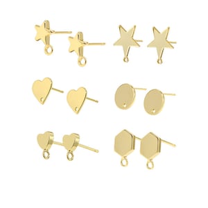 High-quality 10pcs Real Gold Plated Star Heart Ear Stud,Gold Ear Post Wire with Loop,Brass Earring Attachment Finding Wholesale