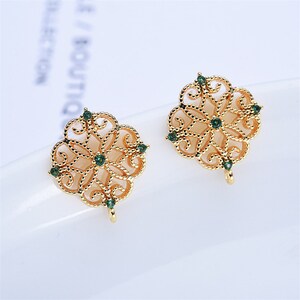 10pcs Real Gold Plated Flower Stud,Green Zircon Earrings with Loop,Diy Earring Attachment Jewelry Finding Wholesale