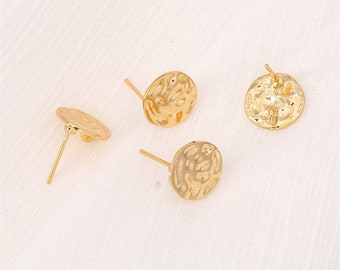 Wholesale 10pcs Real Gold Plated Earrings Stud,Hammered Gold Earring Post with Loop ,Nickel Lead Free,Brass Earring Attachment Findings