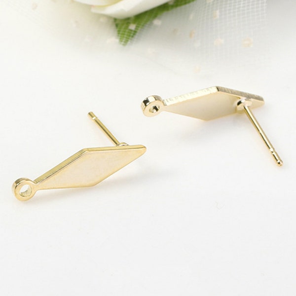 High-quality 10pcs Real Gold Plated Rhombus Shape Ear Stud,Ear Post with Loop,Gold Plated Brass Earring Attachment Finding Wholesale