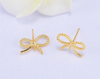 20pcs Real Gold Plated Bowknot Earring Stud,Bow Earrings Posts with Loop,Diy Brass Earring Attachment Jewelry Finding Wholesale