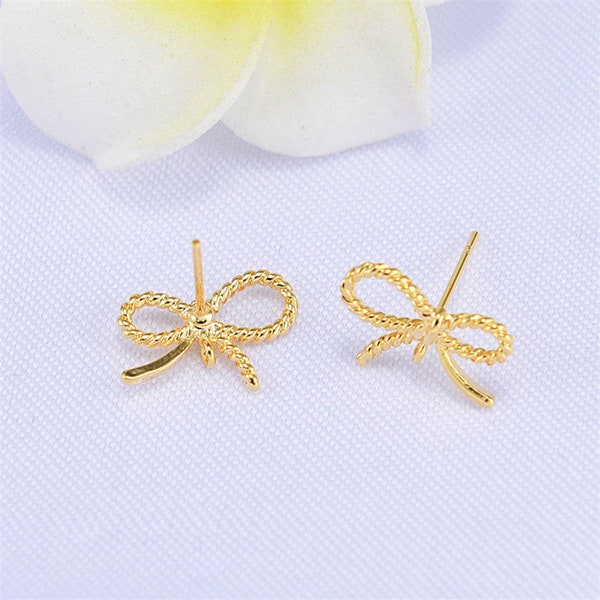 20pcs Real Gold Plated Bowknot Earring Stud,Bow Earrings Posts with Loop,Diy Brass Earring Attachment Jewelry Finding Wholesale