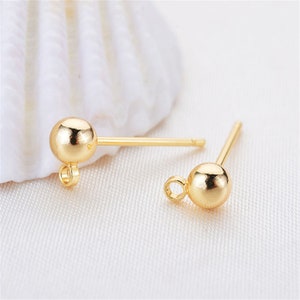 20pcs Real Gold Plated Brass Ball Post Stud Earring,Ear Stud With Loop,Earring Attachment Finding,Jewelry Making Wholesale