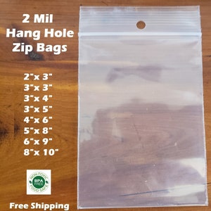 May include: Clear plastic hang hole zip bags in various sizes, including 2x3 inches, 3x3 inches, 3x4 inches, 3x5 inches, 4x6 inches, 5x8 inches, 6x9 inches, and 8x10 inches. The bags are BPA free and food safe.