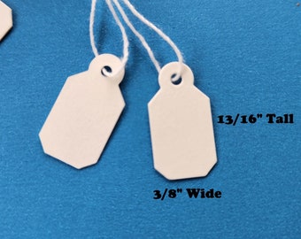 Medium Jewelry Price Tags, 13/16" Tall x 3/8" Wide, Barrel Shape Blank White String Strung Merchandise Sale Hang Garment Matte Retail