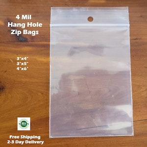 100 Count - Clear Plastic Zip Hang Hole Bags, 4Mil Thickness, Reclosable Top Lock Large Small Mini Baggies For Beads Jewelry Storage