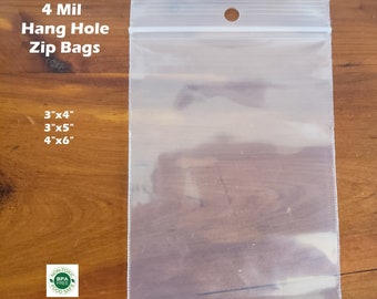 100 Count - Clear Plastic Zip Hang Hole Bags, 4Mil Thickness, Reclosable Top Lock Large Small Mini Baggies For Beads Jewelry Storage