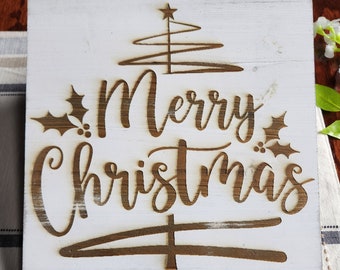 Christmas Tree, Farmhouse Whitewash Laser Engraved Signs, Country Decor, Rustic Wood Signs, Handmade Signs, Hanging Sign, Gift Plaque, White