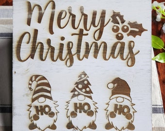 Christmas Gnome, Farmhouse Whitewash Laser Engraved Signs, Country Decor, Rustic Wood Sign, Handmade Signs, Hanging Sign, Gift Plaque, White