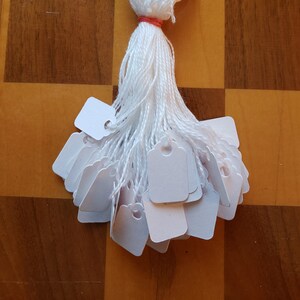 May include: A bundle of small, white rectangular tags with rounded corners and a hole at the top, attached to white string. The string is tied together with a red rubber band. The tags are arranged in a fan shape.