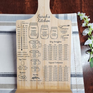 May include: A wooden kitchen conversion chart with a handle. The chart has measurements for dry weights, liquid volumes, and egg timer settings. The chart is personalized with the name "Sarah's Kitchen".