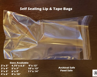 100 pcs Clear Lip & Tape Bag, 1.6 mil, Resealable Self Adhesive Plastic Storage Food and Archival Safe Parts Craft Cello Style Snack Baggie