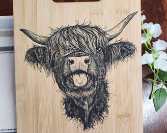 Custom Highland Cow Wooden Cutting Board, Cheese Board, Charcuterie Board, Wedding Gift, Kitchen Serving Board, Bread Board, Laser Engraved