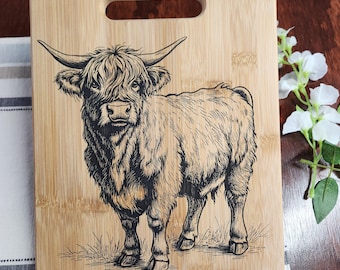 Custom Highland Cow Wooden Cutting Board, Cheese Board, Charcuterie Board, Wedding Gift, Kitchen Serving Board, Bread Board, Laser Engraved