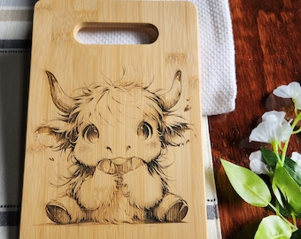 Custom Highland Cow Wooden Cutting Board, Cheese Board, Charcuterie Board, Wedding Gift, Kitchen Serving Board, Bread Board, Laser Engraved