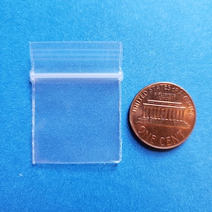 May include: A clear plastic resealable bag with a zipper closure. The bag is about the size of a US penny.