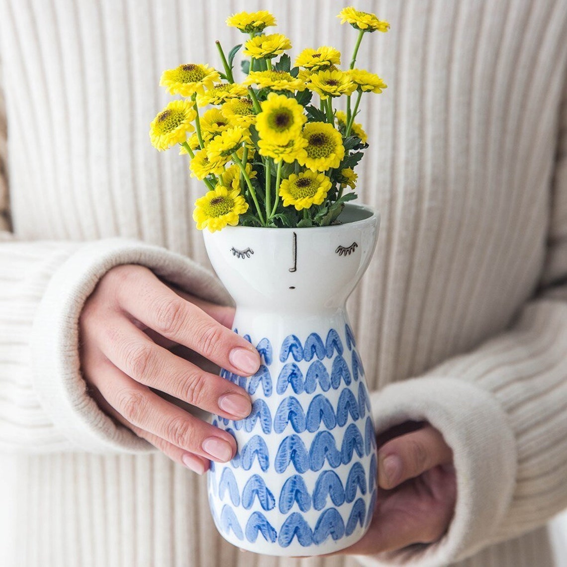 Cute Painted Flower Vase Doll Shape Ceramic Vase Home Etsy
