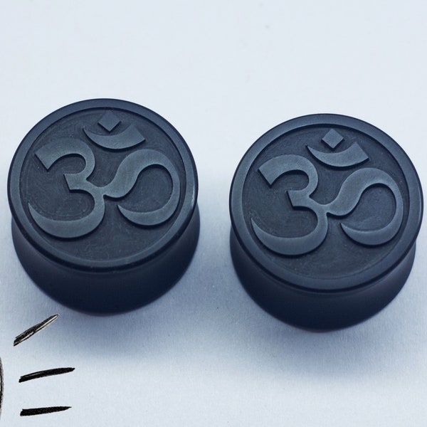 Black Ohm plugs from ebonite- mandala and mantra Ohm ear gauges - ear plugs 16mm 18mm 20mm 22mm 24mm 26mm 28mm 30mm 32mm - ear plugs gauges