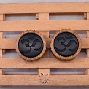 Om Symbol Wooden Gauges: Handmade Organic Saddle Plugs with Black Inlay