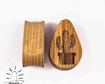 Cactus Dropshaped Oak Wood Ear Plugs / Teardrop ear gauges Cactus / Organic wooden plugs/ Size 11/16" to 1 10/16 ( 18mm to 60mm) or larger