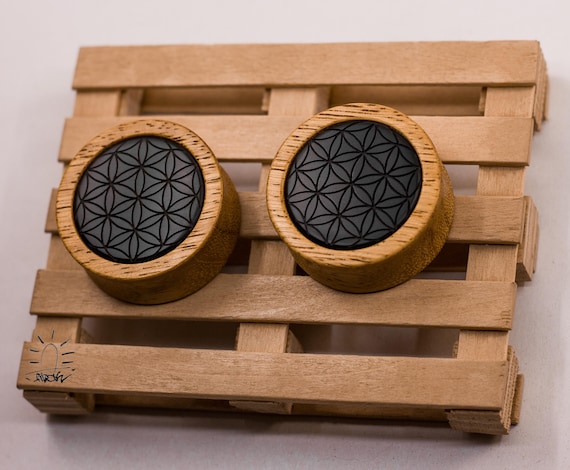 Handmade Organic Flower of Life Wood Ear Plugs • Sacred Geometry Wooden Gauges