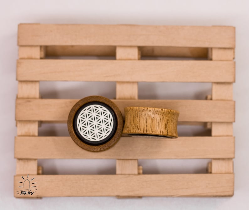 May include: Two wooden ear gauges, one with a white geometric pattern and the other with a natural wood finish, displayed on a wooden pallet.