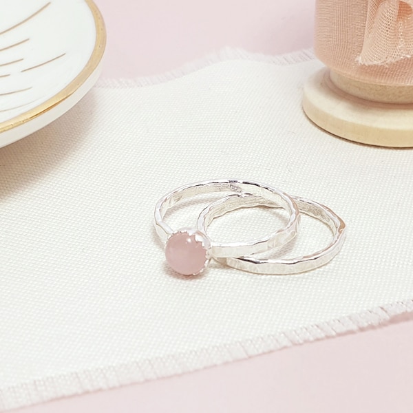 Rose quartz gemstone ring, sterling silver ring, stacking ring set, gemstone stacking ring, birthstone, birthday gift, gift for her UK