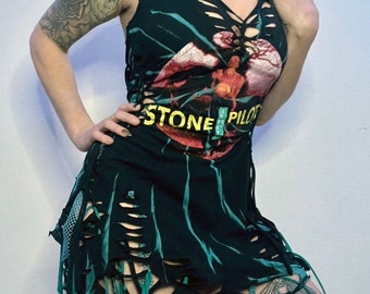 Stone Temple Piolets Shredded Reverse Dye Fishnet Dress.